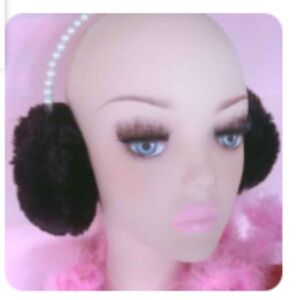 Black faux fox fur earmuffs Dollbaby Barbie winter snow bunny white pearls new